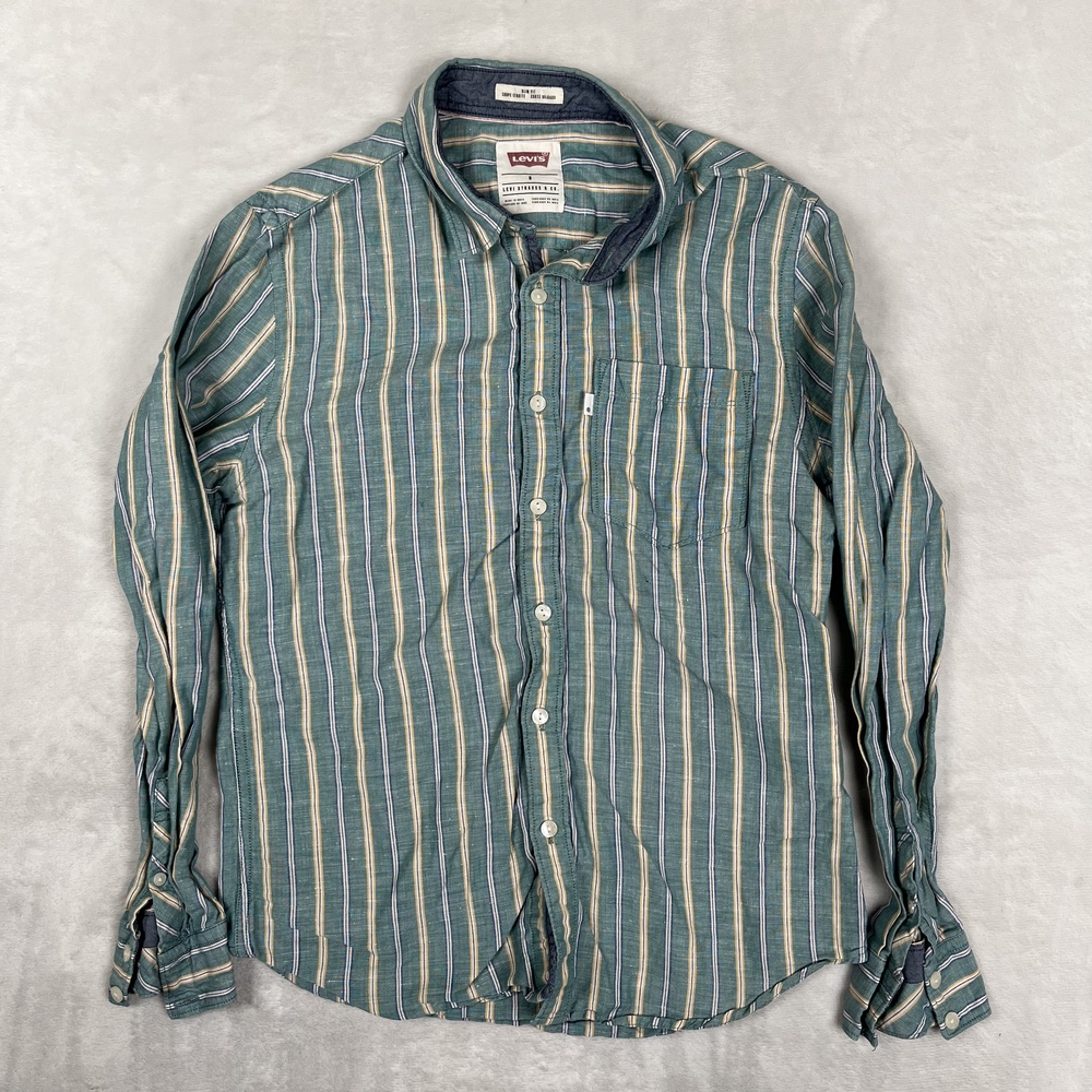 Levi's Shirt Mens Small Slim Fit Green Striped Long Sleeve Button Front